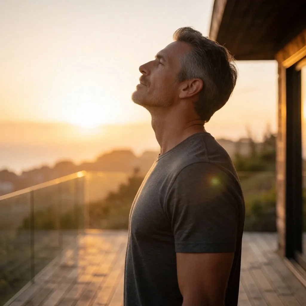 Morning sunlight on a man at sunrise for vitamin D
