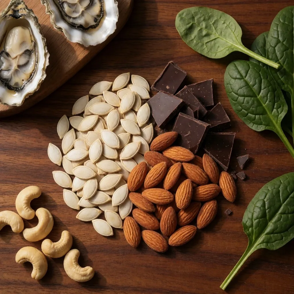 Natural food sources of magnesium and zinc on dark wood