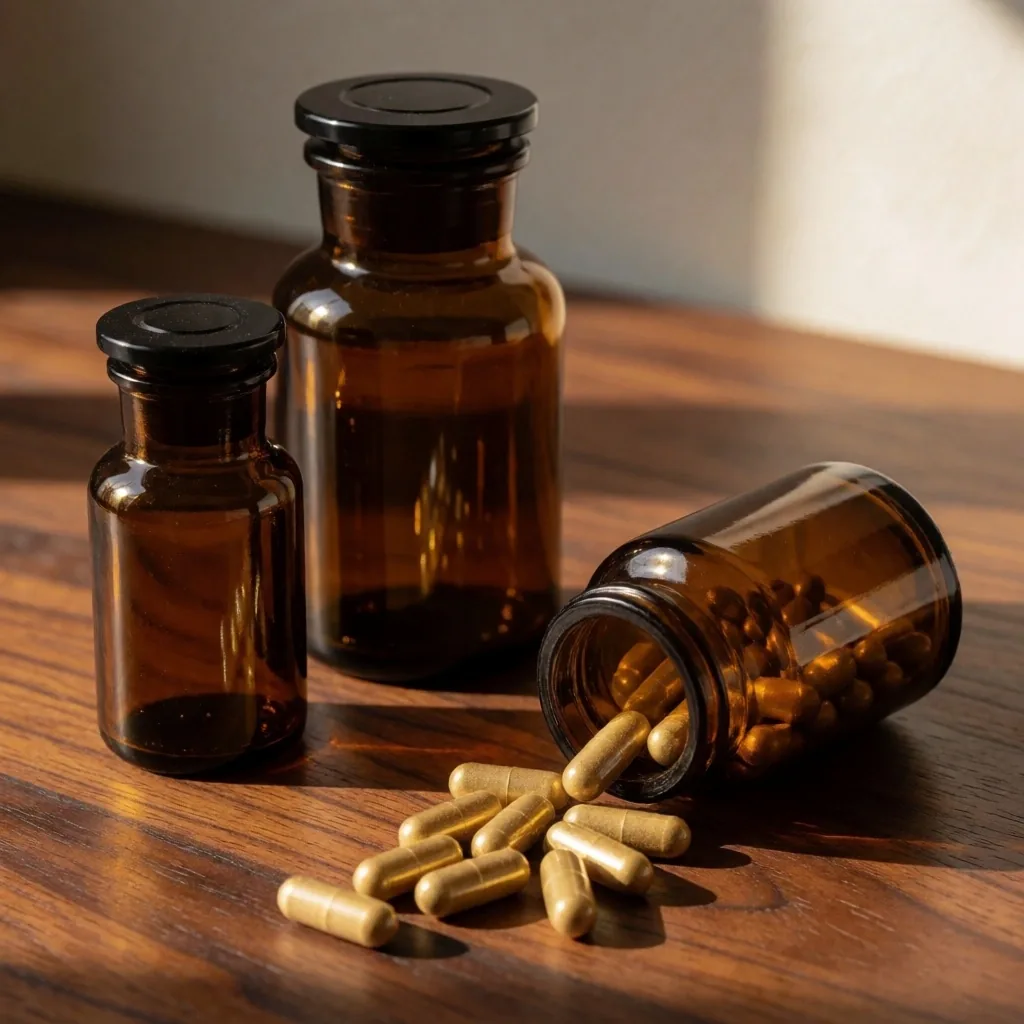 Multiple supplement bottles arranged on dark wood