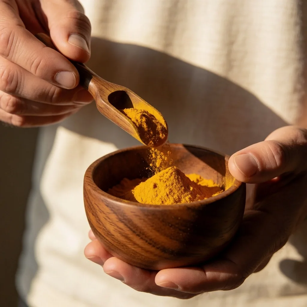 Scooping yellow supplement powder into a wooden bowl